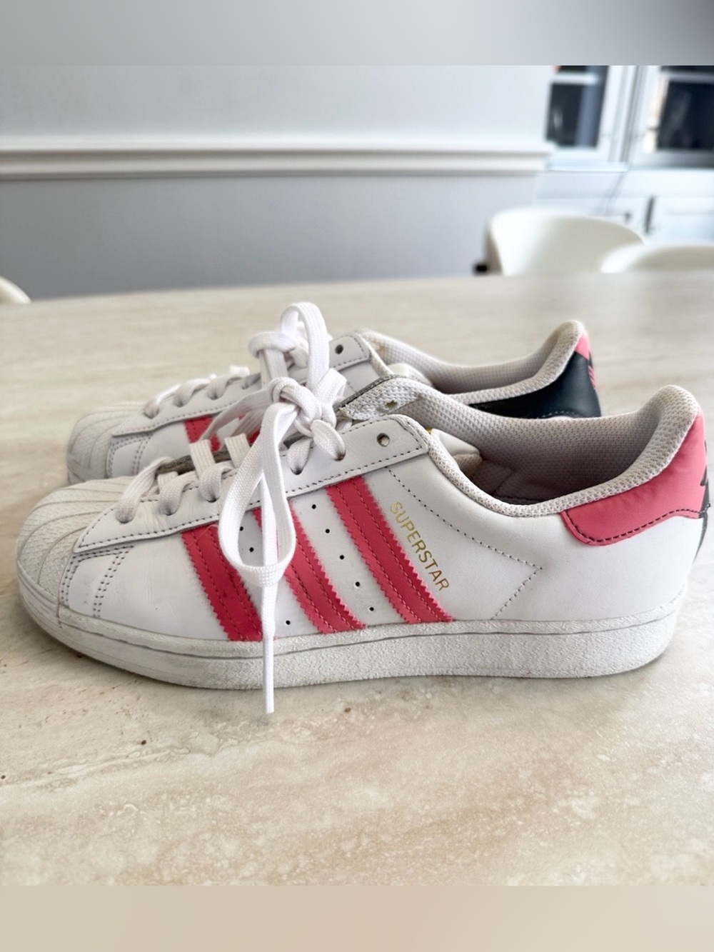 adidas White Sneakers with Pink Stripes - Superstar Style